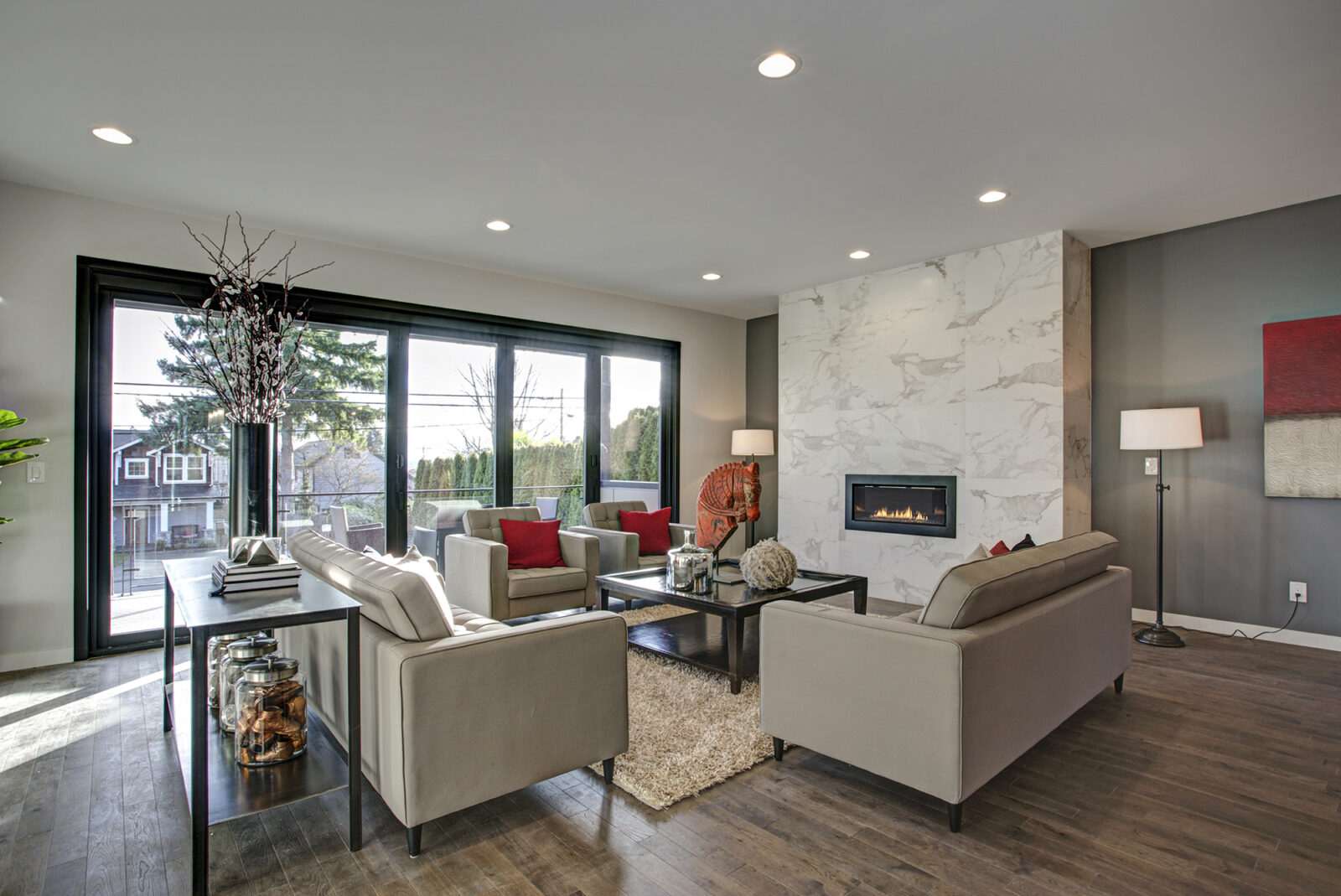 Bright family living room with realistic wood look laminate flooring