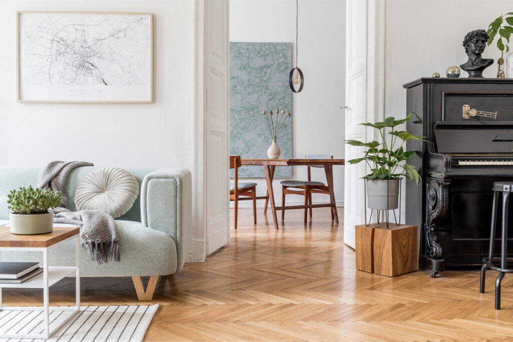 Laminate flooring with a decorative herringbone pattern in a modern living room