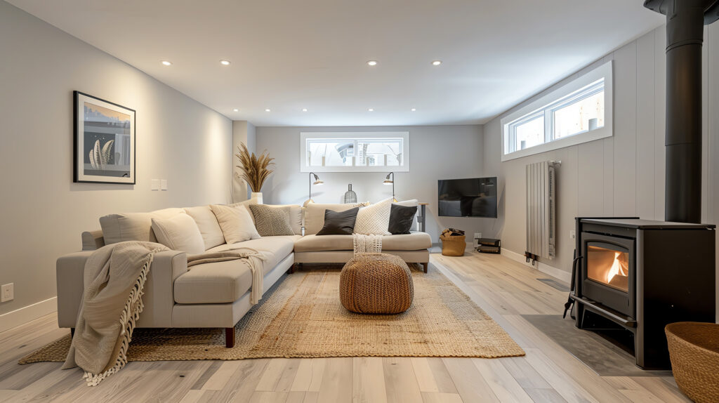 Area rug in a basement